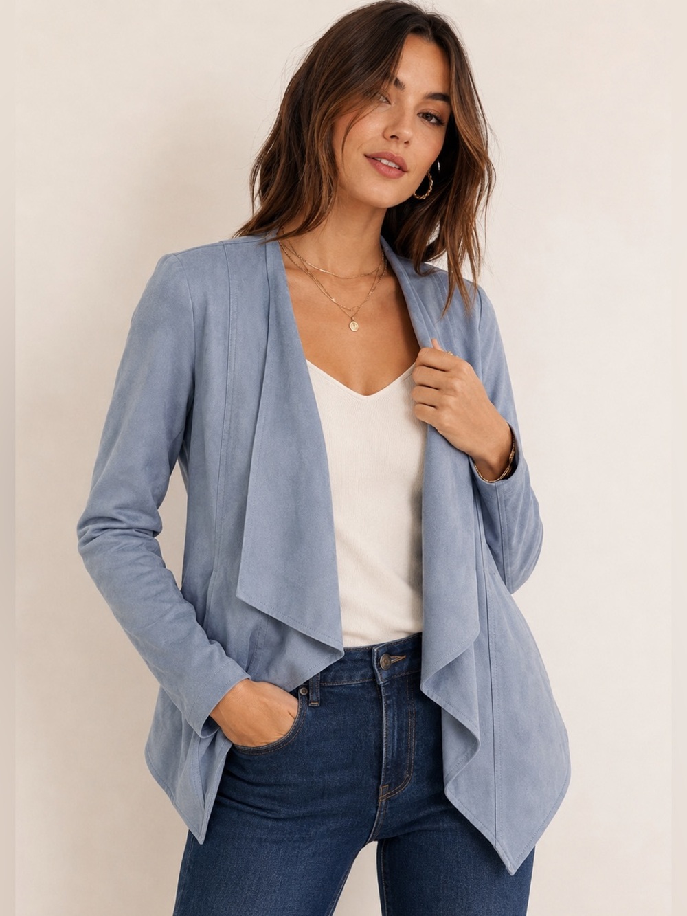 Anthropologie Hutch Blue Faux Suede Draped Open Front Jacket Small